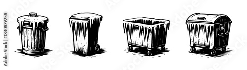  Frozen trash bins vintage engraving icons set, winter garbage containers