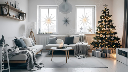 Cozy living room decorated for christmas with a tree and presents