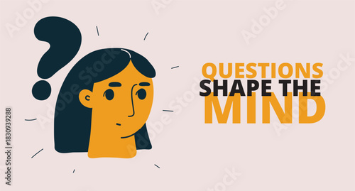Vector illustration of a woman shaped by questions like clay molded by curiosity
