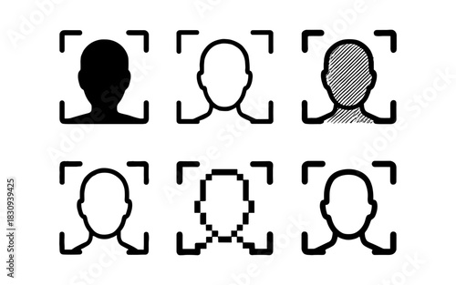 Biometric face recognition symbols in various styles