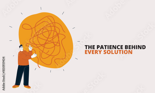 Vector illustration of man unraveling a thread, symbolizing problem-solving, patience, and untangling ideas