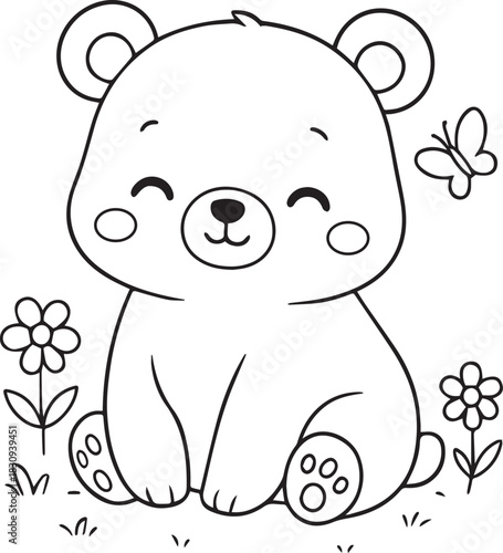 Cute Baby Bear Coloring Page with Flowers and Butterfly