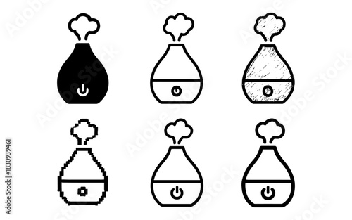 Variety of humidifier icons in artistic styles: silhouette and outline designs