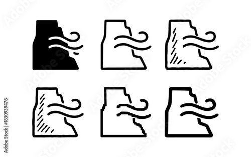 Windy cliff icons: diverse styles of a breezy rock face in six unique variations