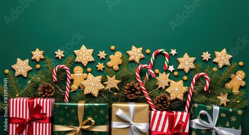 緑の背景に、包装されたプレゼント、キャンディケイン、ジンジャーブレッドクッキー、松の枝