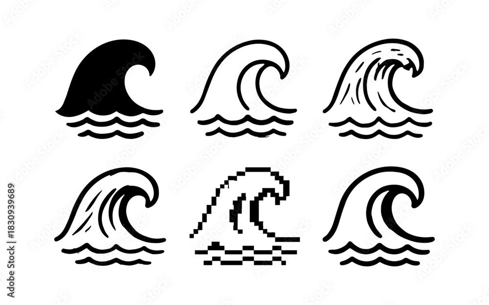 Obraz premium Diverse wave icons in minimalist and pixel art styles
