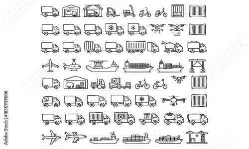 Logistics and transportation line icons set, delivery vehicles Vector