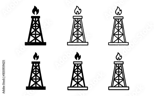 Black and white oil rig icons featuring flat and outline styles