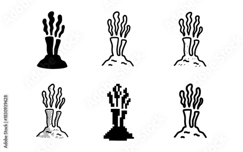 Diverse volcanic eruption icons displaying six unique artistic styles