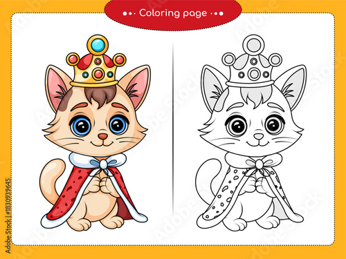 Royal cat prince illustration, king kitty coloring page, cartoon noble cat line art