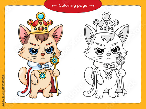 Royal cat prince illustration, king kitty coloring page, cartoon noble cat line art