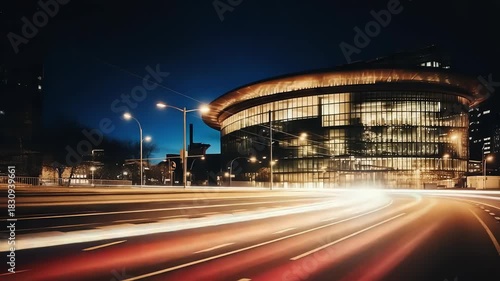 Light trails on the modern building background. Light trails at night in urban environment, Abstract Motion Blur City, traffic, transportation, street, road, speed
