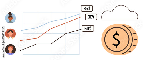 Line chart tracking financial progress connected to three team members, percentages highlighting results, and a dollar coin beneath a cloud. Ideal for business strategy, data analysis, teamwork, goal