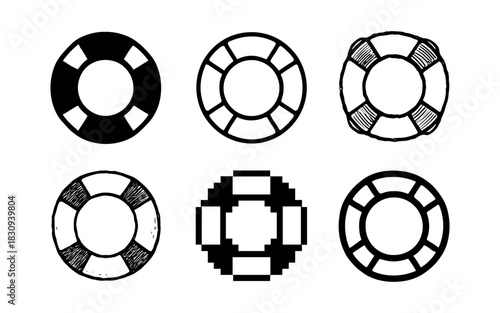 Set of six lifebuoy icon variations in black and white styles
