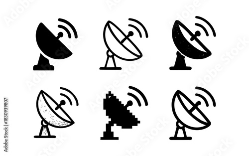 Set of satellite dish icons: diverse styles for communication graphics