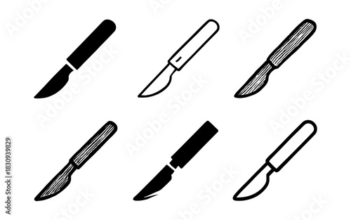 Various styles of scalpel icons: silhouette, outline, and line art designs