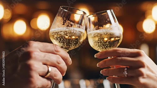Close-up of a couple clinking glasses of sparkling champagne during a romantic celebration.