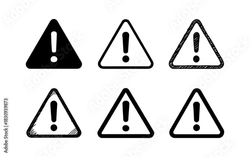 Variations of exclamation mark warning signs in black and white styles