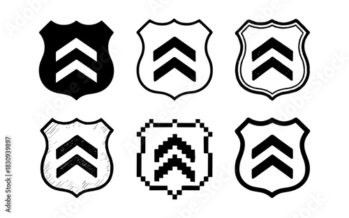Set of six shields with chevron symbols in varied art styles
