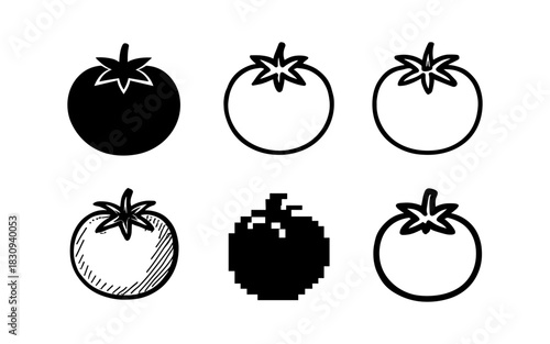 Variety of tomato styles: silhouette, outline, scribble, pixel art