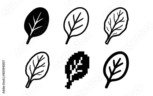 Set of leaf icons in various artistic styles including pixel and outline