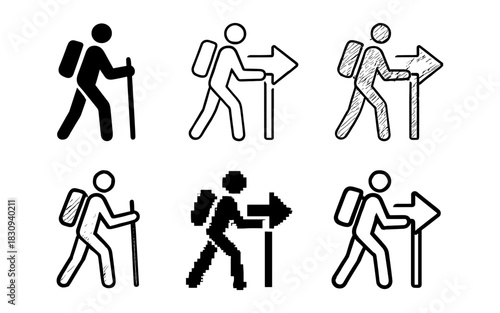 Icon set of hikers and travelers with arrows in various styles