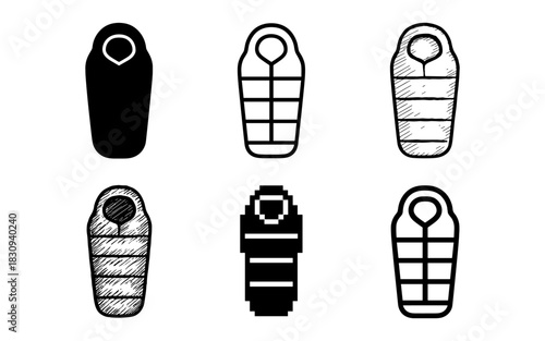 Diverse sleeping bag icons: silhouette, pixel, sketch, and line art designs