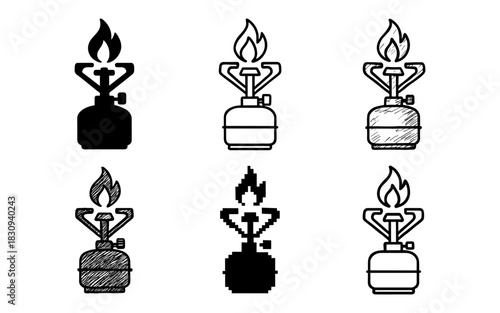 Camping stove icons set: silhouette, linear, pixel, sketch, diverse styles