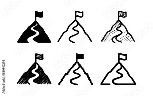 Set of mountain summit icons with flags in various sketched and linear styles