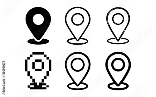 Diverse map pin icons in black and white with various graphic styles