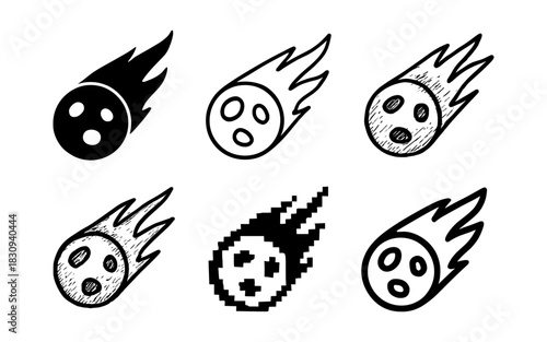 Variety of comet icon designs in doodle and pixel styles