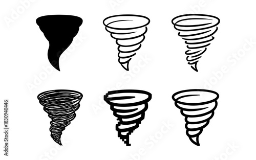 Tornado icons in diverse styles: silhouette, linear, pixel art, and more