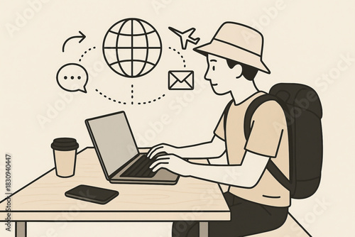 Traveler working on laptop with backpack and hat at table with coffee and phone, connected to global communication and travel icons, showing remote work and digital nomad lifestyle