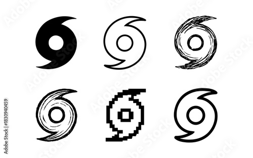 Diverse hurricane icons in six artistic styles including brush stroke, pixel, and minimalist designs