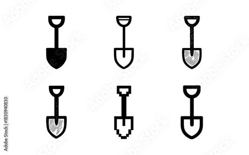 Set of six shovel icons in various artistic styles on white background