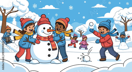 Children Playing in Snow – Winter Fun with Snowman, Sledding, and Snowball Activities