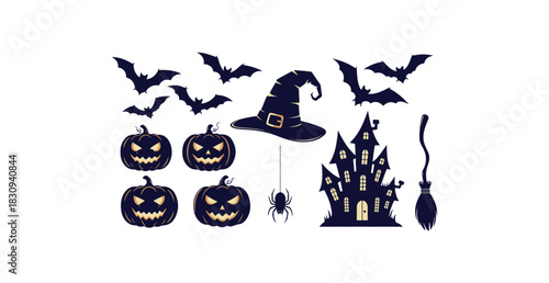 Bold vector silhouette collection of halloween icons including bats pumpkins haunted house witch hat spider and broomstick
