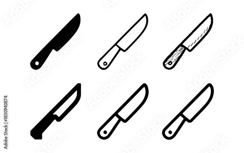 Hand-drawn kitchen knives collection in black and white