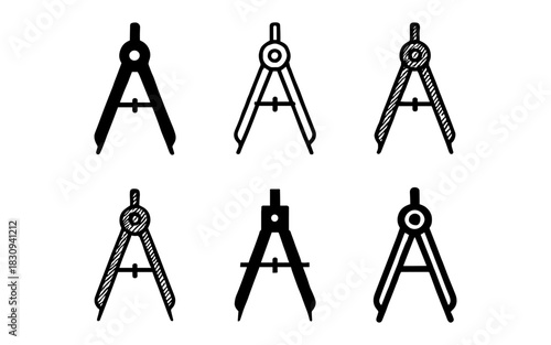 Set of geometric drawing compasses in various styles for technical design