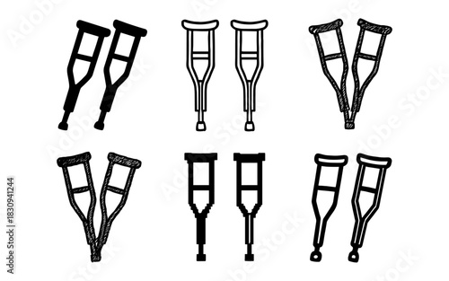 Varied crutch designs in minimalist and sketch styles for medical themes