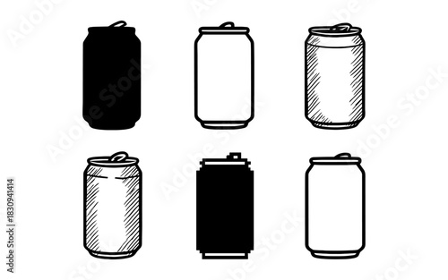 Outline and shaded soda cans in various sketch styles for design projects