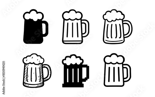 Variety of beer mug icons in minimalistic and hand-drawn styles