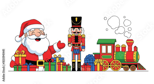 Festive Christmas banner illustration showcasing Santa Claus, a traditional wooden nutcracker, and a red toy train carrying colorful gifts in a clean, playful 2D flat style.