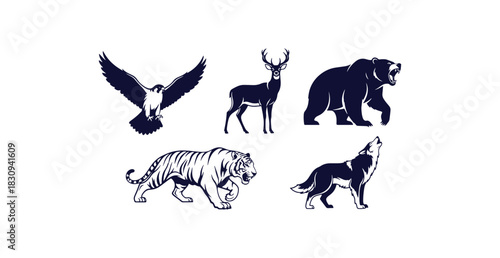 Collection of majestic animal silhouettes for logo and badge design falcon deer bear tiger wolf