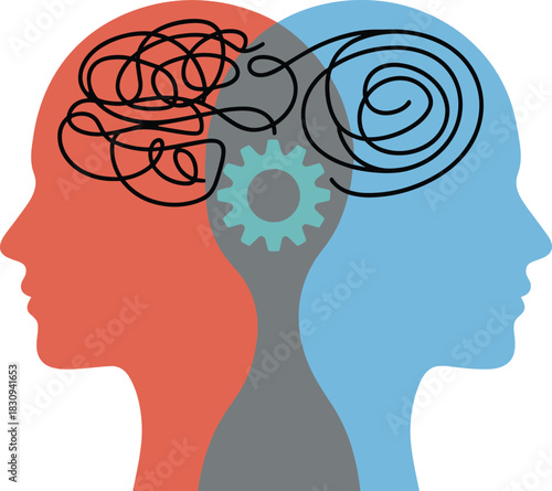 Abstract illustration of two human profiles showing chaotic and calm thoughts, mental health concept, psychology balance, emotional disorder and mindfulness visualization