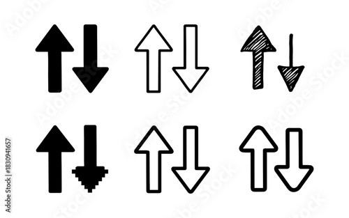 Diverse arrow styles in black and white: bold, outline, sketch, and pixel variants