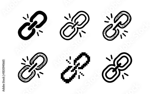 Diverse chain link styles with broken chains on white background