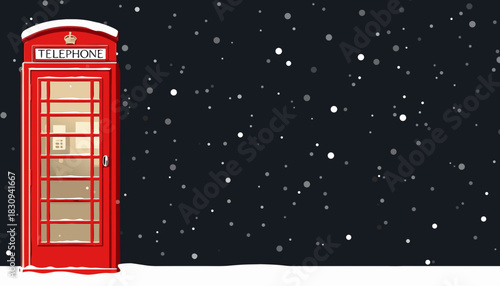 Red London Telephone Box, Red Kiosk in the Snow, Classic UK Christmas, London Holiday Greetings,   Festive London Background, Room for text
