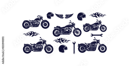Bold black silhouette collection of vintage motorcycles helmets wings speed flames and wrenches for graphic design