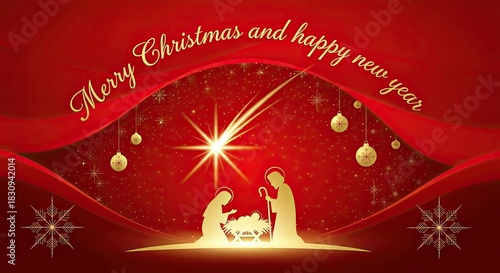 Elegant Christmas card design with Nativity scene and golden accents wishing everyone a Merry Christmas and a Happy New Year for festive holiday greetings